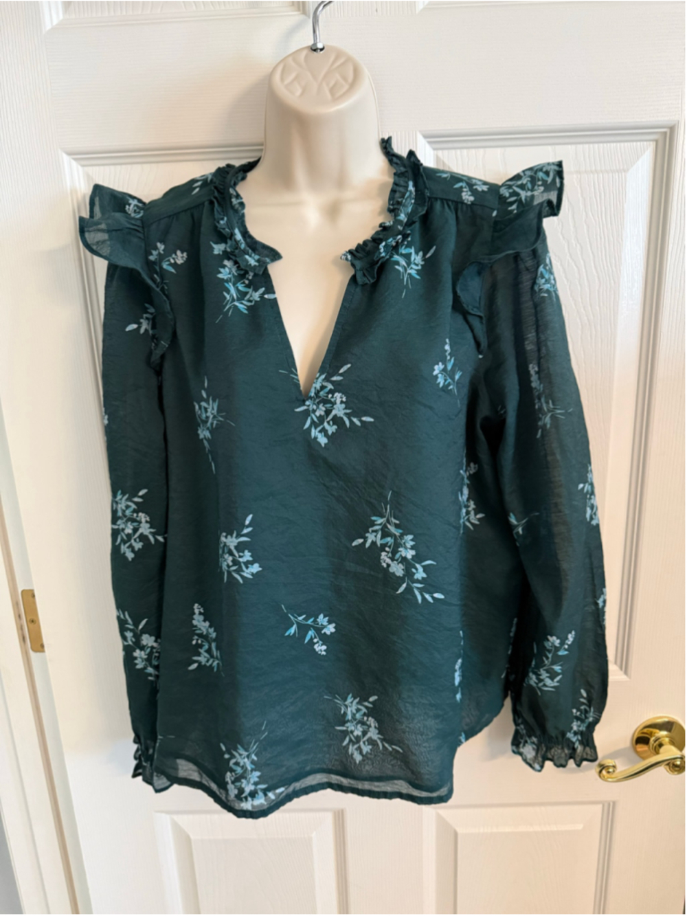 J. Crew Boho Dark Green Floral Ruffled Neck Lined Popover Blouse Medium